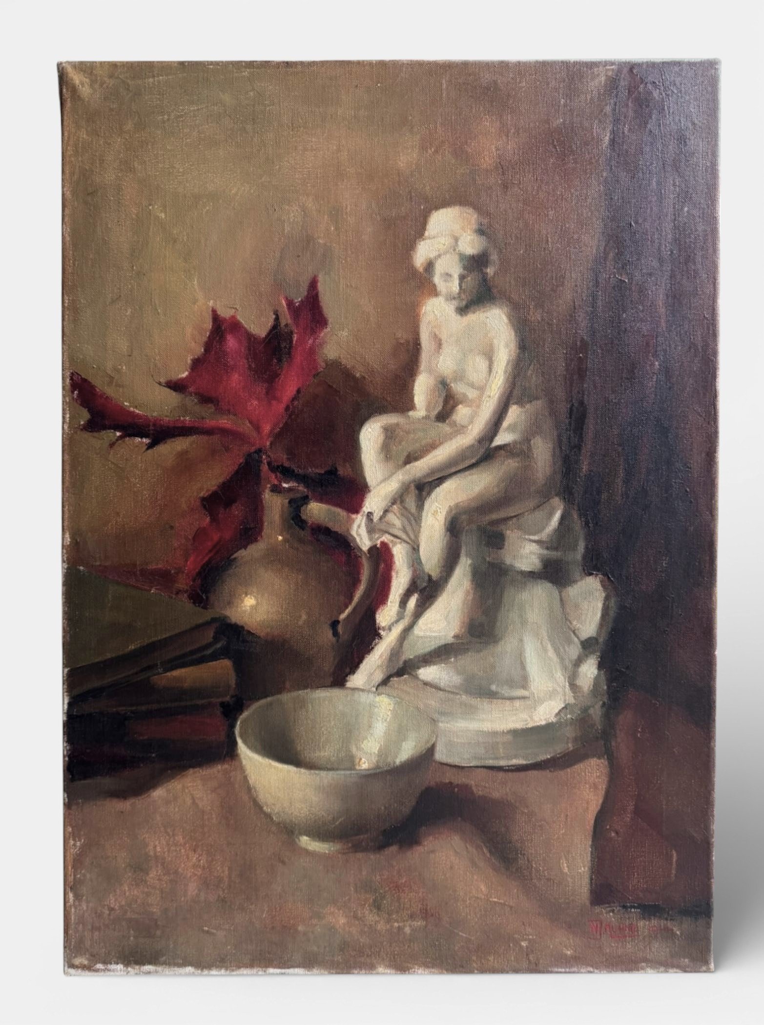 Still Life Painting 1944 - Classical Figurine & Bowl - Signed Mid-Century Oil on Canvas 